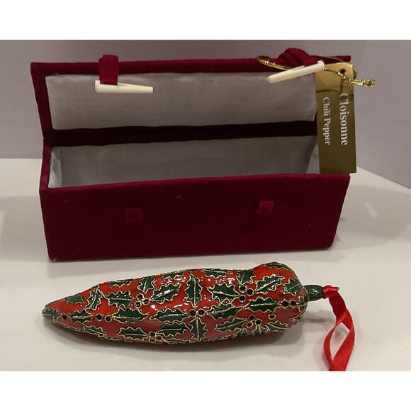 Rare Cloisonné Red Hot Chili Pepper Holly Berry Christmas Ornament With Box 5.5" - Picture 2 of 8